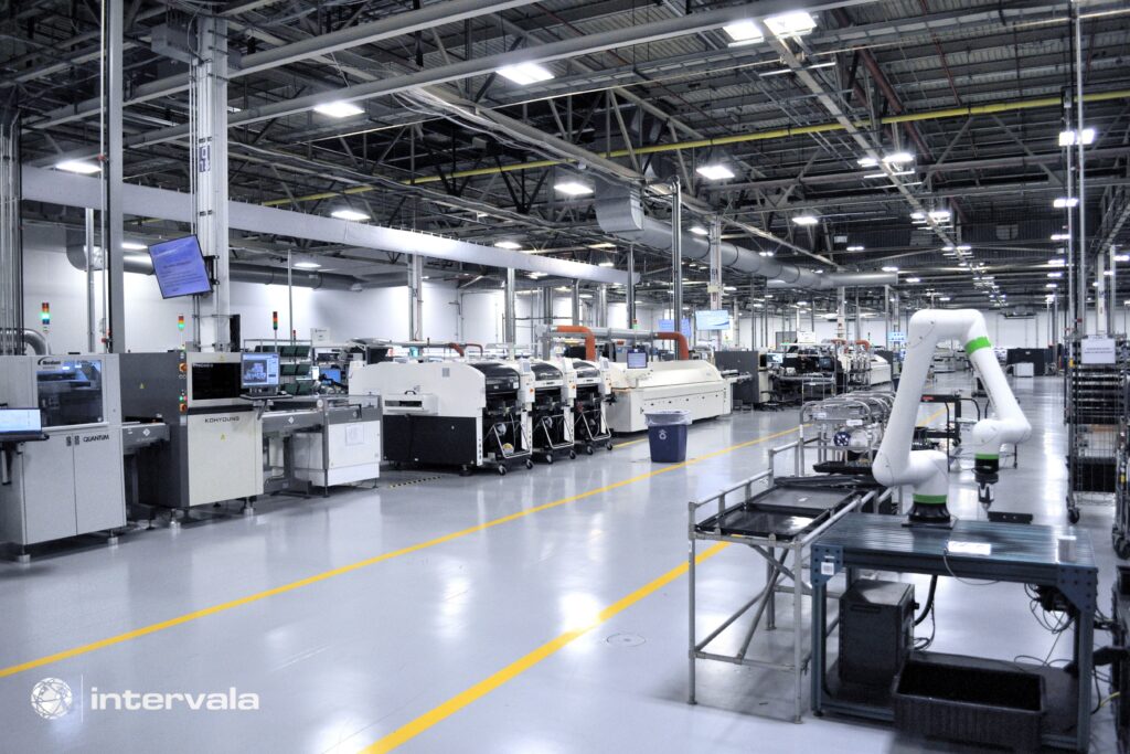 manufacturing floor with PCBA and electromechanical assembly machines
